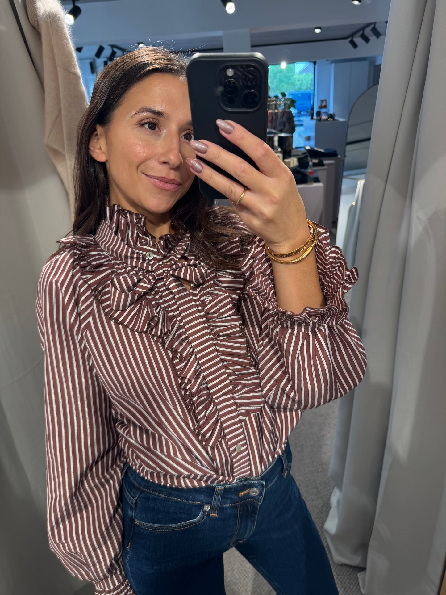 Gestreifte Bluse mit Rüschen und Lurex- Streifen