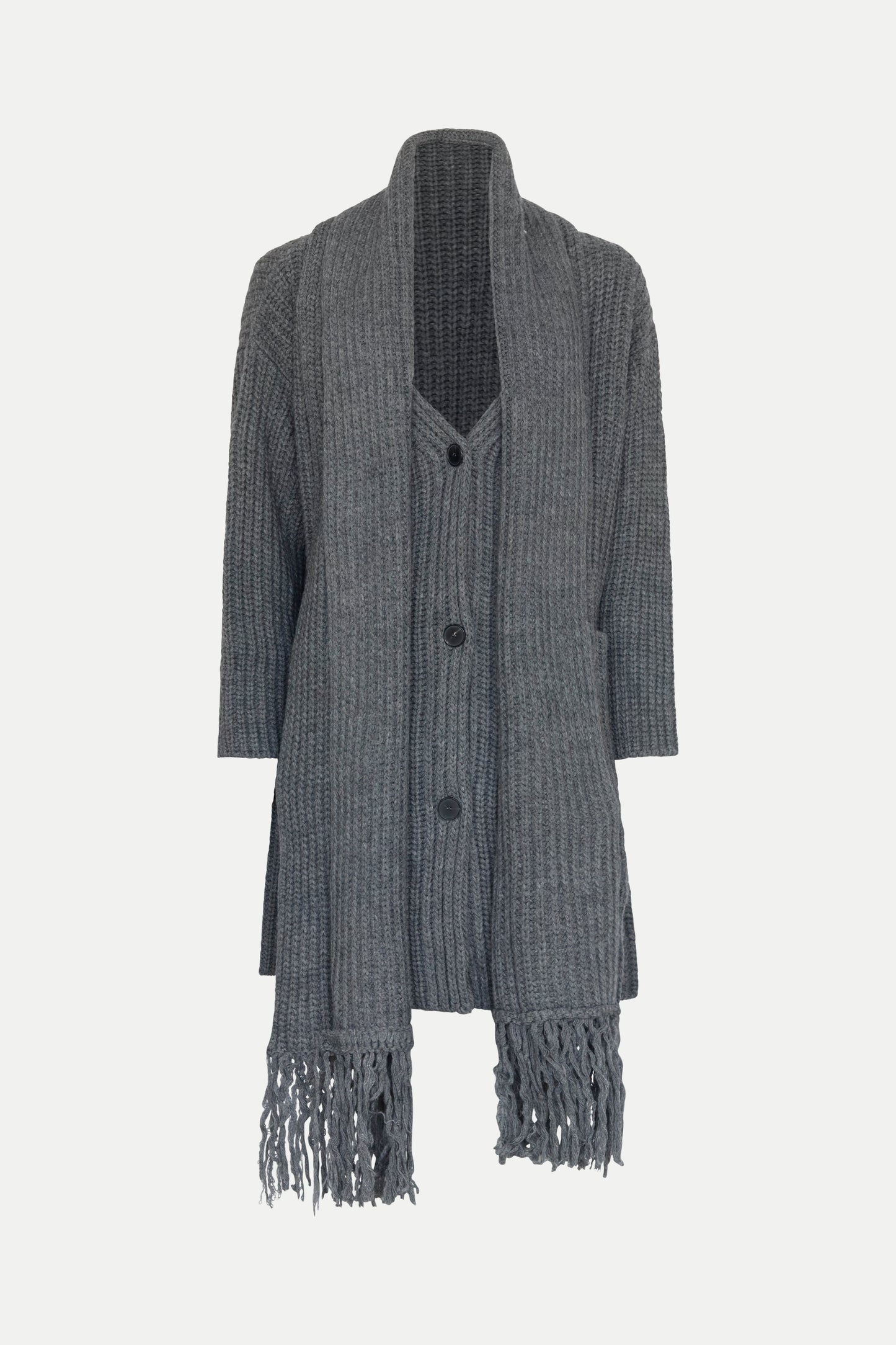 Lange Strick- Jacke mit integriertem Schal