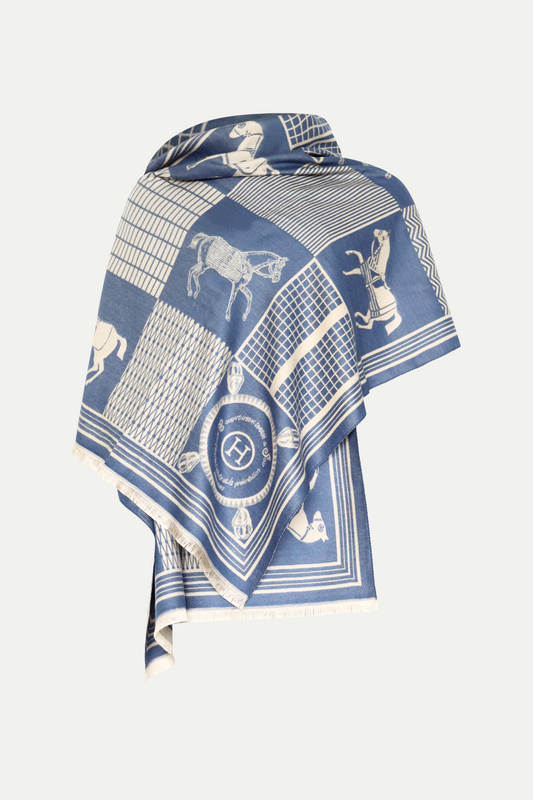 Luxuriöser Schal "Square Horses" beige/blue