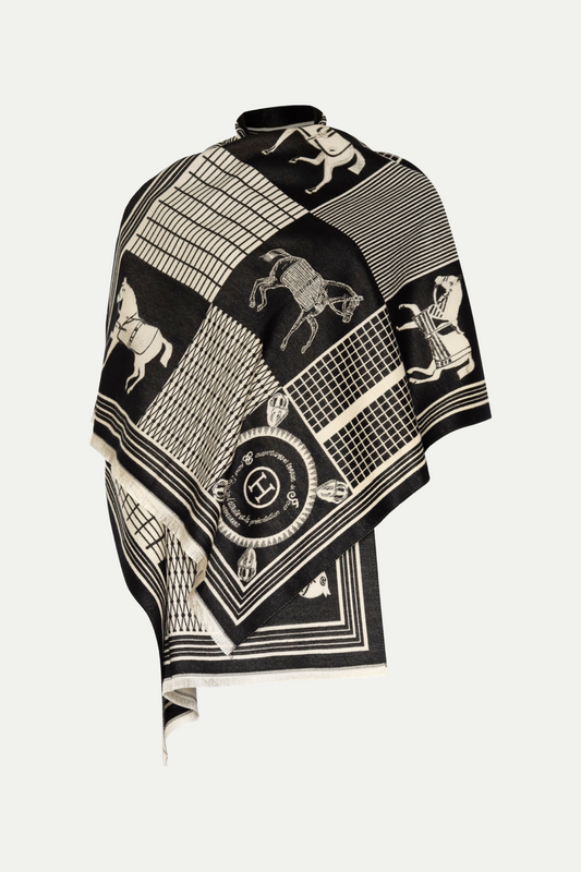 Luxuriöser Schal "Square Horses" beige/black
