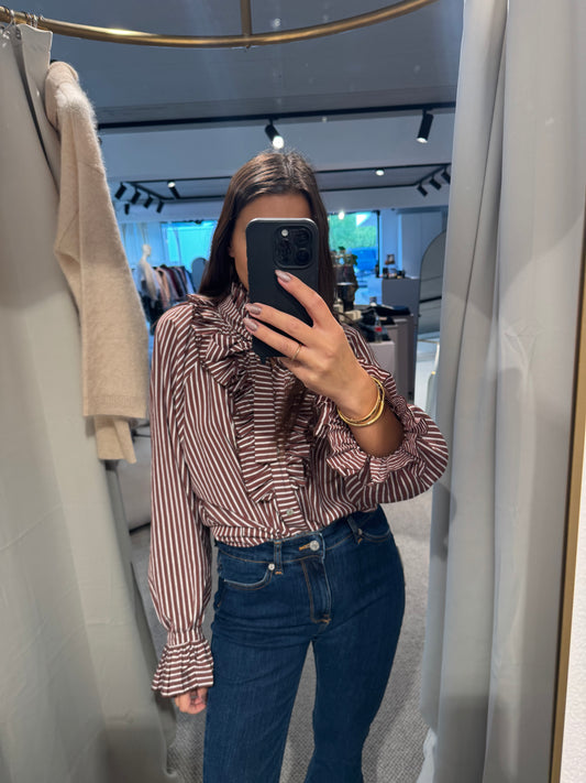Gestreifte Bluse mit Rüschen und Lurex- Streifen