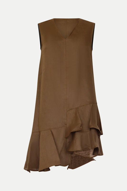 Kleid mit seitlichem Volant in braun
