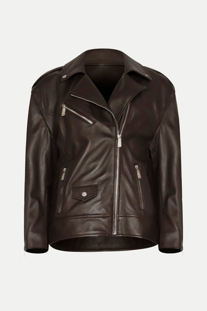 Oversized Bikerjacke aus Leder in dunkelbraun