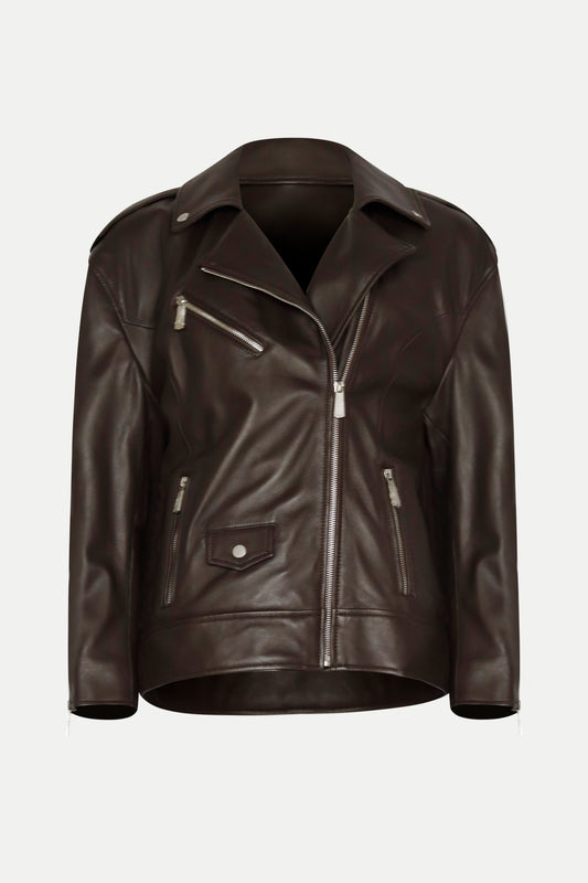 Oversized Bikerjacke aus Leder in dunkelbraun