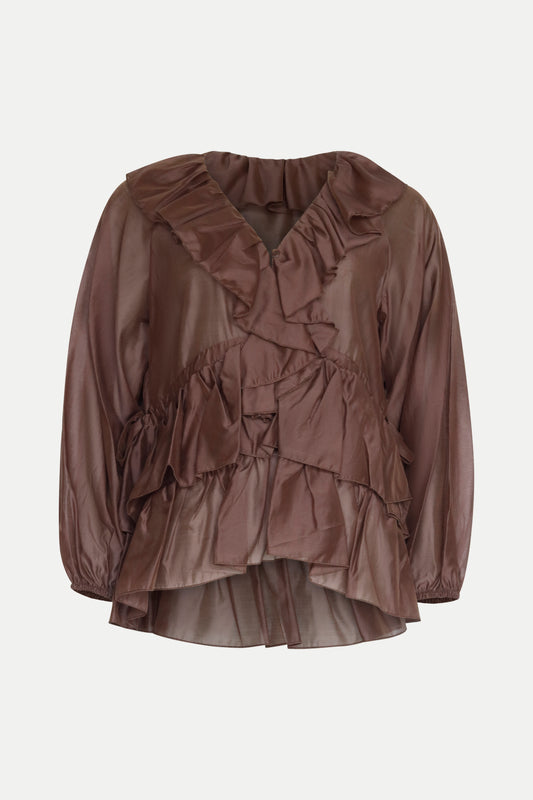 Bluse mit Volants in dunkelbraun