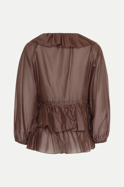 Bluse mit Volants in dunkelbraun